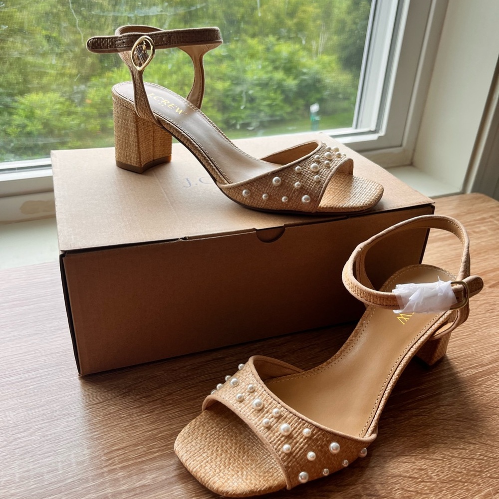 J. Crew Brown Sandals with Pearl Embellishments